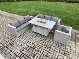 Fimous 7 Seater Outdoor Garden Dining Sets Rattan Furniture Gas Fire Pit Dining Table Gas Heater with Armchair Light Grey - thumbnail 1