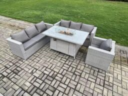 Fimous 7 Seater Outdoor Garden Dining Sets Rattan Furniture Gas Fire Pit Dining Table Gas Heater with Armchair Light Grey - thumbnail 3