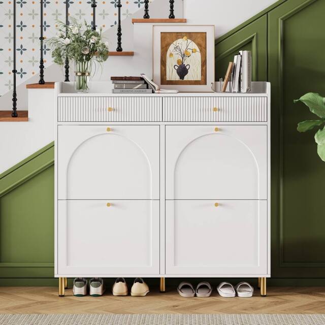 Merax White Double-Row Tilt-Out Shoe Cabinet with 2 Drawers &Gold Metal Legs - image 1