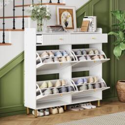Merax White Double-Row Tilt-Out Shoe Cabinet with 2 Drawers &Gold Metal Legs - thumbnail 3