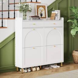 Merax White Double-Row Tilt-Out Shoe Cabinet with 2 Drawers &Gold Metal Legs - thumbnail 4