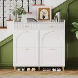 Merax White Double-Row Tilt-Out Shoe Cabinet with 2 Drawers &Gold Metal Legs - thumbnail 1