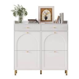 Merax White Double-Row Tilt-Out Shoe Cabinet with 2 Drawers &Gold Metal Legs - thumbnail 7