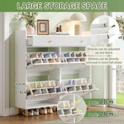 Merax White Double-Row Tilt-Out Shoe Cabinet with 2 Drawers &Gold Metal Legs - thumbnail 5