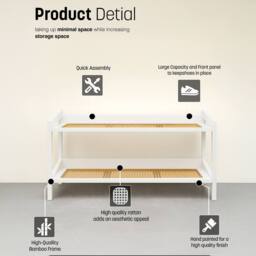 Keplin 2 Tier Bamboo & Rattan Shoe Organiser Rack - Durable, Easy Assembly in White - thumbnail 5