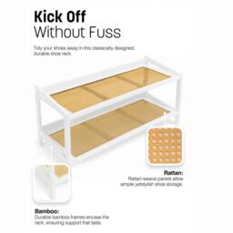 Keplin 2 Tier Bamboo & Rattan Shoe Organiser Rack - Durable, Easy Assembly in White - thumbnail 6