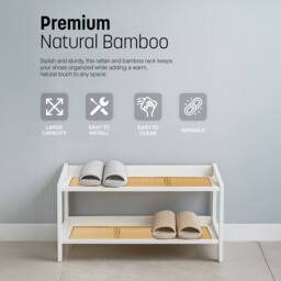 Keplin 2 Tier Bamboo & Rattan Shoe Organiser Rack - Durable, Easy Assembly in White - thumbnail 8