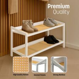 Keplin 2 Tier Bamboo & Rattan Shoe Organiser Rack - Durable, Easy Assembly in White - thumbnail 4