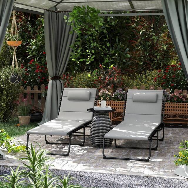 OUTSUNNY Folding Sun Loungers Set of 2, Reclining Sun Bed, Light Grey