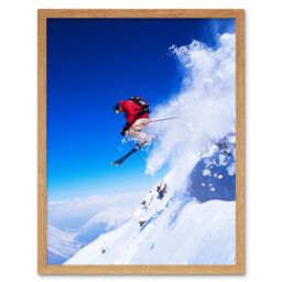 "Artery8 Wall Art Print Skier Jumping Slope Skiing Snow Sport Alps Winter Landscape Ski Action Photo Art Framed in Light Oak - Size: W12"" x H16""" - thumbnail 1