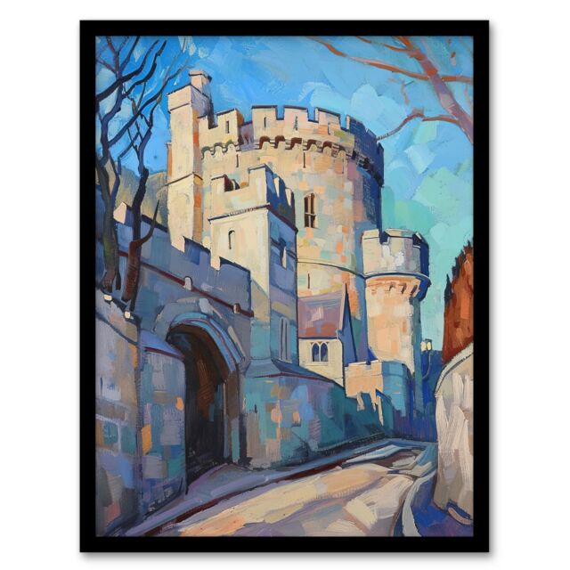 "Artery8 Windsor Castle UK Royal King Charles Oil Painting Framed Art Print in Blue - Size: W12"" x H16""" - image 1