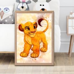 ARTZE Simba Cub Watercolour Lion King Framed Print SIZE: A3 with Oak Frame in Yellow - thumbnail 2