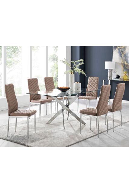 FurnitureboxUK Leonardo Glass & Chrome Metal Dining Table & 6 Milan Chairs Dining Set in Beige - image 1