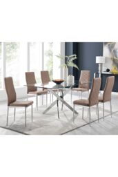 FurnitureboxUK Leonardo Glass & Chrome Metal Dining Table & 6 Milan Chairs Dining Set in Beige - thumbnail 1