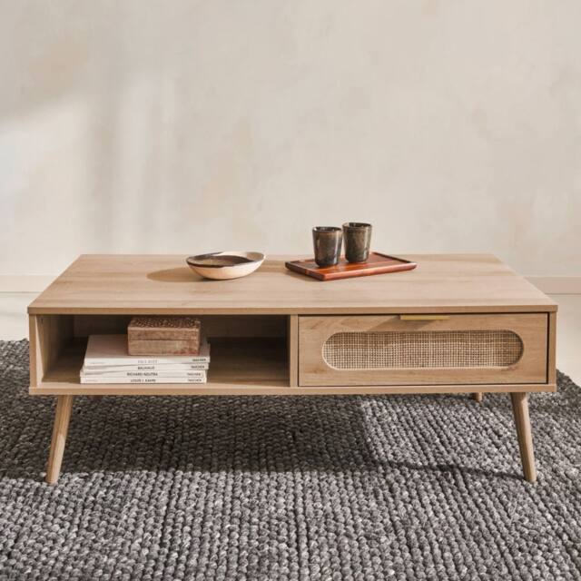 sweeek Wood & rounded cane rattan coffee table in Beige - image 1