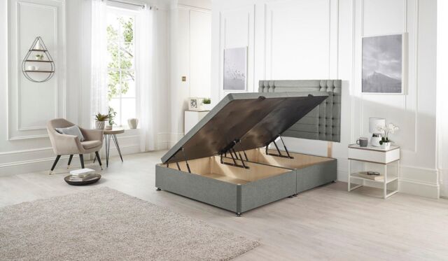 Somnior Flexby Tweed Fabric Side Opening Ottoman Bed With Headboard in Grey - Size: Double - image 1