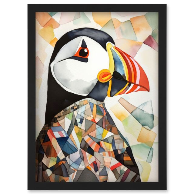 Artery8 Puffin Bird Abstract Portrait Folk Art Artwork Framed Wall Art Print A4 in Black - image 1