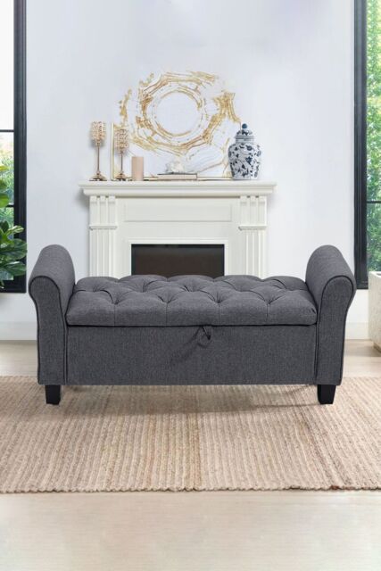 Living and Home Linen Splayed Armrest Storage Ottoman Bench Chaise in Grey - image 1