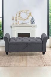 Living and Home Linen Splayed Armrest Storage Ottoman Bench Chaise in Grey - thumbnail 1