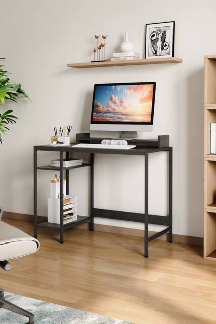 H&O Direct Office Desk with Ergonomic Monitor Stand & Open Shelves in Black - image 1