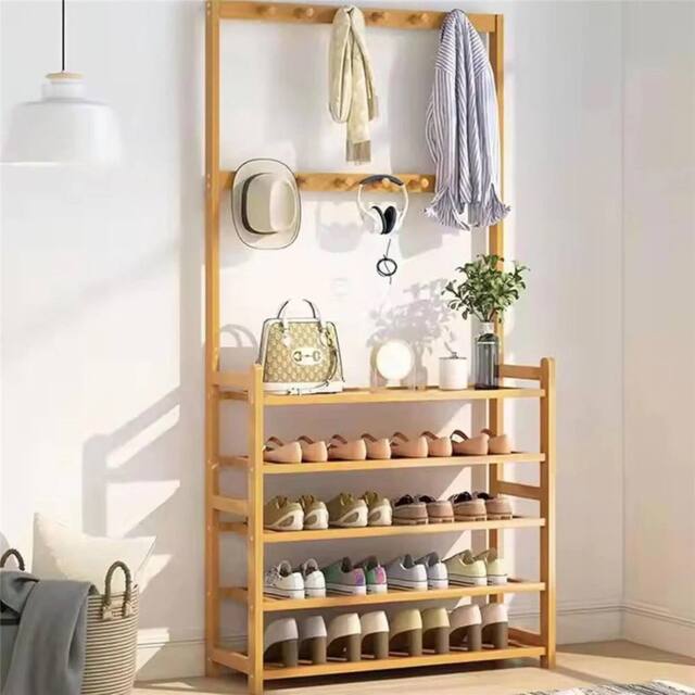 KORVIXA 175cm Hall Tree Hat Coat Stand Hallway Clothes Shoe Rack in Natural - Size: 100 cm x 100 cm - image 1
