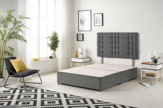 Somnior Bliss Divan Bed Base with Headboard Plush Velvet in Light Grey - Size: Small Double - image 1