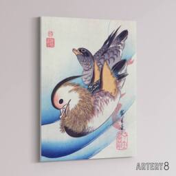 "Artery8 Two Mandarin Ducks in a Lake Canvas Wall Art Print Hiroshige in Blue - Size: W18"" x H24""" - thumbnail 2