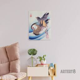 "Artery8 Two Mandarin Ducks in a Lake Canvas Wall Art Print Hiroshige in Blue - Size: W18"" x H24""" - thumbnail 3