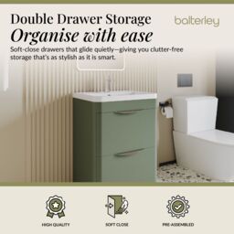 Balterley Contemporary Floor 2 Drawer Bathroom Vanity Unit, Satin Green, 610mm in Green - thumbnail 2