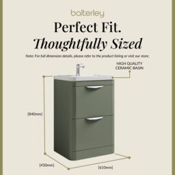 Balterley Contemporary Floor 2 Drawer Bathroom Vanity Unit, Satin Green, 610mm in Green - thumbnail 5