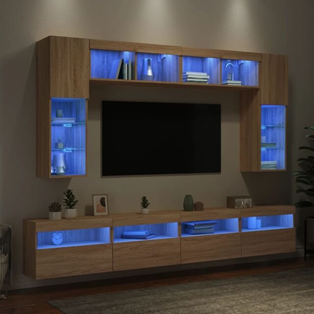 Berkfield Home 8 Piece TV Wall Cabinet Set with LED Lights Sonoma Oak in Brown - image 1