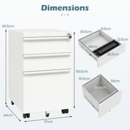 Costway 3-Drawer Mobile File Cabinet Rolling Metal Filing Cabinet w/2 Keys in White - thumbnail 2