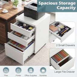 Costway 3-Drawer Mobile File Cabinet Rolling Metal Filing Cabinet w/2 Keys in White - thumbnail 5