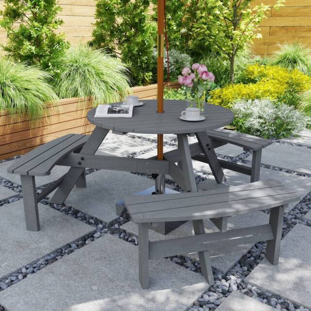 OUTSUNNY 6 Person Fir Wood Table Bench Set Outdoor Garden Patio, Grey - image 1