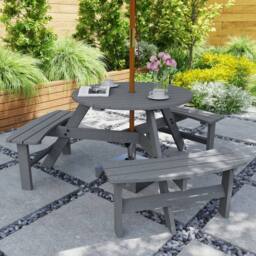 OUTSUNNY 6 Person Fir Wood Table Bench Set Outdoor Garden Patio, Grey - thumbnail 1
