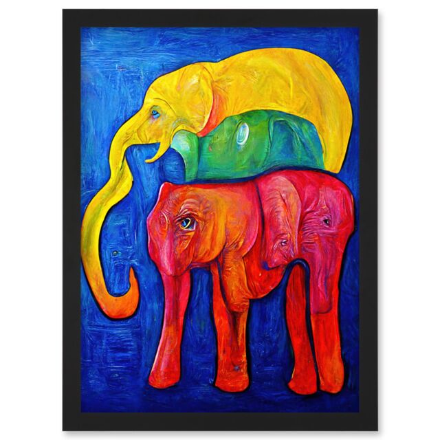 Artery8 Abstract Pop Art Surrealism Elephants Colourful Oil Artwork Framed Wall Art Print A4 in Black - image 1