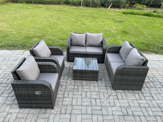 Fimous 6 Seater Rattan Sofa Set Outdoor Garden Furniture Set with Square Coffee Table Loveseat Sofa Reclining Chairs Dark Grey Mixed - image 1