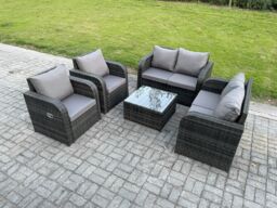 Fimous 6 Seater Rattan Sofa Set Outdoor Garden Furniture Set with Square Coffee Table Loveseat Sofa Reclining Chairs Dark Grey Mixed - thumbnail 2