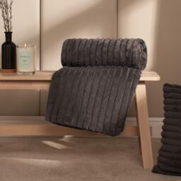 OHS Faux Fur Ribbed Fleece Throw Blanket Winter Warm Supersoft in Charcoal - Size: 120 cm x 150 cm