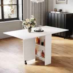 ERGOVEXA Folding Dining Table Drop Leaf Rolling Desk with 2 Storage Shelves in White - thumbnail 1