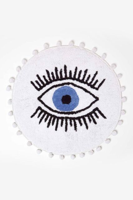 Homescapes Eye See You Natural Cotton Bath Mat with Pom Pom Edges in Blue - image 1