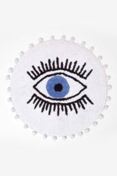 Homescapes Eye See You Natural Cotton Bath Mat with Pom Pom Edges in Blue