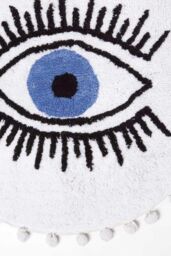 Homescapes Eye See You Natural Cotton Bath Mat with Pom Pom Edges in Blue - thumbnail 2