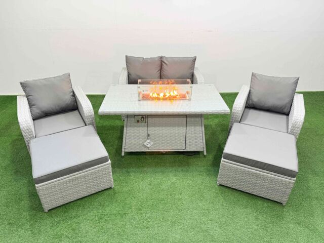 Fimous Light Grey PE Wicker Rattan Garden Furniture Set Sofa Set Reclining Chair Firepit Dining Table 6 Seater 2 Big Stools - image 1