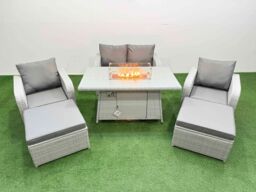 Fimous Light Grey PE Wicker Rattan Garden Furniture Set Sofa Set Reclining Chair Firepit Dining Table 6 Seater 2 Big Stools - thumbnail 1