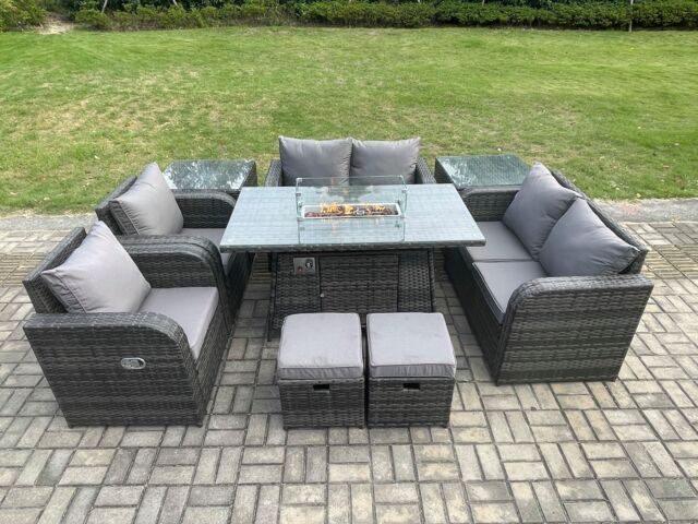 Fimous 8 Seater Rattan Garden Furniture Set Outdoor Propane Gas Fire Pit Table & Sofa Chair set with 2 Side Tables Footstools in Dark Grey - image 1