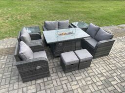 Fimous 8 Seater Rattan Garden Furniture Set Outdoor Propane Gas Fire Pit Table & Sofa Chair set with 2 Side Tables Footstools in Dark Grey - thumbnail 3