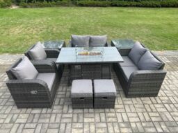 Fimous 8 Seater Rattan Garden Furniture Set Outdoor Propane Gas Fire Pit Table & Sofa Chair set with 2 Side Tables Footstools in Dark Grey - thumbnail 1
