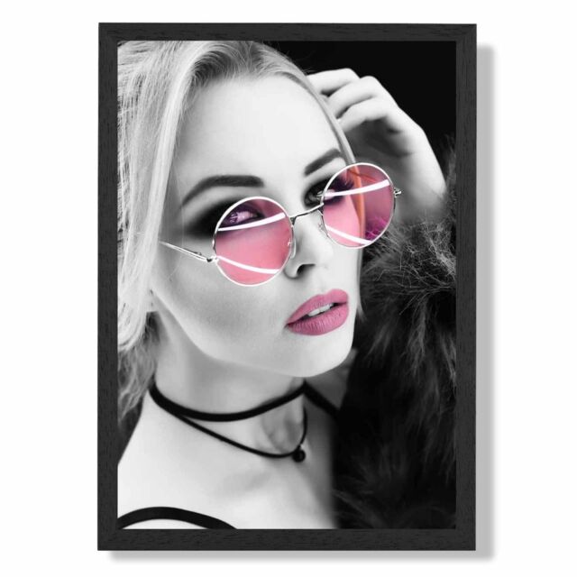 ARTZE Girl with Pink Sunglasses Fashion Black & White Photo Framed Print SIZE: A2 with Black Frame - Size: A4 - image 1