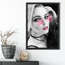 ARTZE Girl with Pink Sunglasses Fashion Black & White Photo Framed Print SIZE: A2 with Black Frame - Size: A4 - thumbnail 2